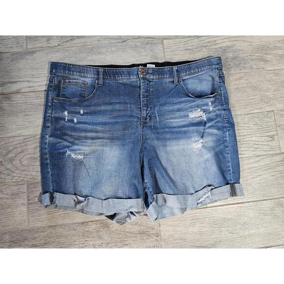 Terra & Sky Pants - Women's Terra & Sky Denim Jeans Shorts Distressed Size 28W Blue Elastic Waist